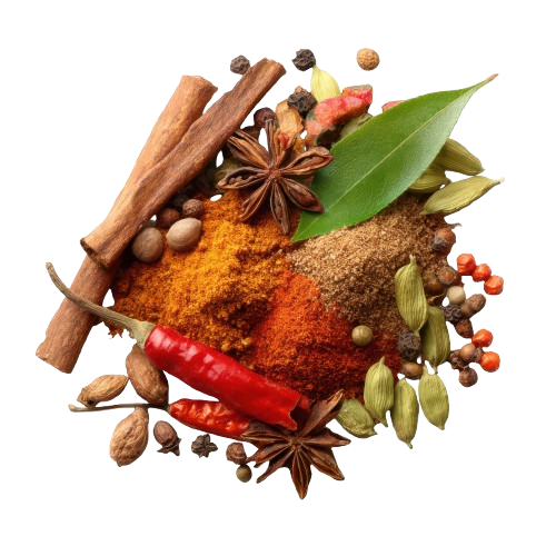 Premium export-quality spices including red chili, turmeric, black pepper, cardamom and star anise